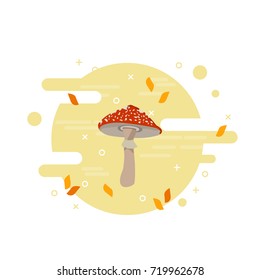 Harvest and gardening season poster with mushroom cartoon flat illustration. Autumn vector with modern design background.