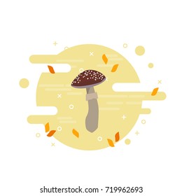 Harvest and gardening season poster with mushroom cartoon flat illustration. Autumn vector with modern design background.