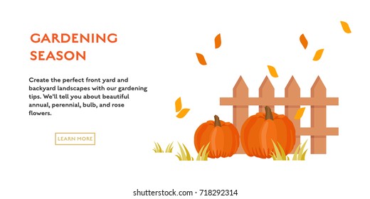 Harvest and gardening season poster with pumpkin cartoon flat illustration. Autumn vector with modern design background.