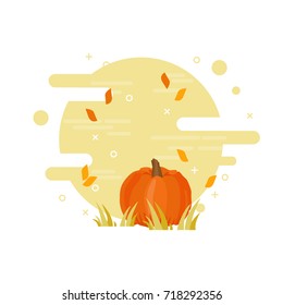 Harvest and gardening season poster with pumpkin cartoon flat illustration. Autumn vector with modern design background.