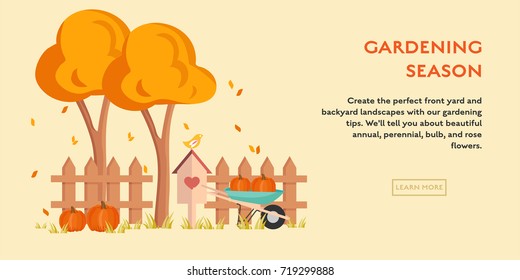 Harvest and gardening season poster with pumpkin cartoon flat illustration. Autumn vector with modern design background.