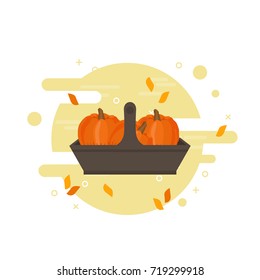 Harvest and gardening season poster with pumpkin cartoon flat illustration. Autumn vector with modern design background.