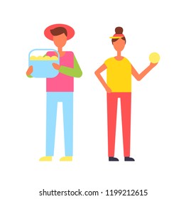 Harvest gathering of fruits into bucket held by young man wearing hat. Farmers female and male collecting ripe plants seasonal autumnal job vector