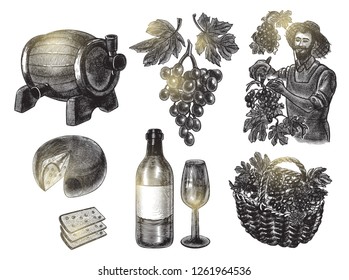 Harvest grapes set with basket, farmer, bottle of wine and glass, cheese and barrel, grape branch with leaves . Hand drawn illustration. Vector illustration in engraving style.