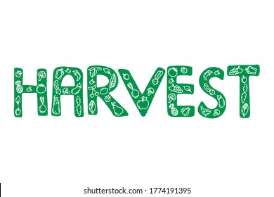 Recolectar la inscripción de los vectores verdes dibujados a mano con dibujos de frutas y verduras en forma de doodle aislados en fondo blanco. Letras para banner, imprimir, tarjeta de saludo, etiqueta, publicidad, afiche, web