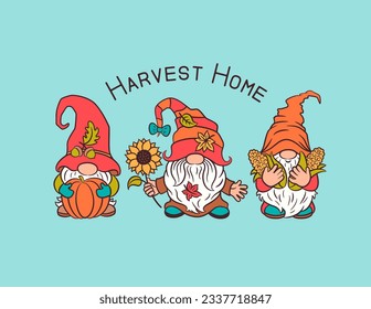 Harvest home greeting card cute fall design with gnomes. Autumn character sweet swedish gnome with pumpkin, sunflower, corn. Whimsical Thanksgiving greeting card cottagecore theme home harvest vector.