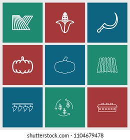 Harvest icon. collection of 9 harvest outline icons such as field, pumpkin, corn, scythe, barn. editable harvest icons for web and mobile.