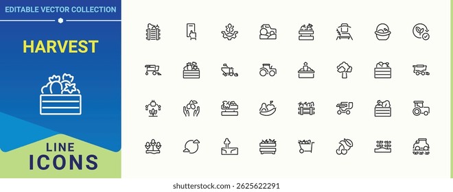 Harvest icon collection. Contain linear symbols land, farm, garden, farming and more. Agriculture icon set. Line icons with editable stroke. Pixel perfect. Editable vector.