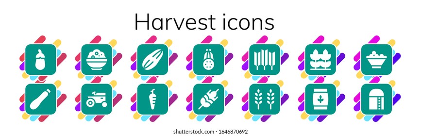 harvest icon set. 14 filled harvest icons. Included Aubergine, Courgette, Rice, Tractor, Seed, Carrot, Wheat, Fruit bowl, Harvest icons