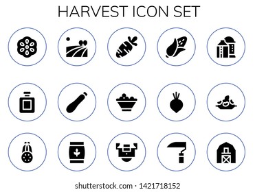 harvest icon set. 15 filled harvest icons.  Collection Of - Berry, Fragance, Field, Courgette, Carrot, Fruit bowl, Corn, Beet, Silo, Rice, Wheat, Scythe, Barn