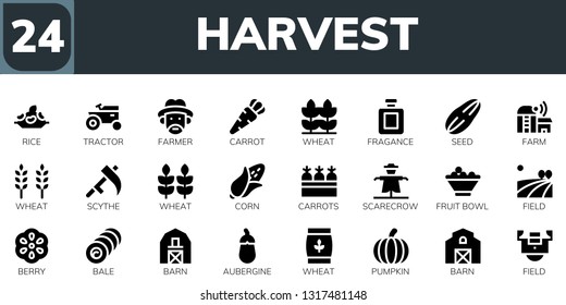 harvest icon set. 24 filled harvest icons.  Collection Of - Rice, Tractor, Farmer, Carrot, Wheat, Fragance, Seed, Farm, Scythe, Corn, Carrots, Scarecrow, Fruit bowl, Field, Berry