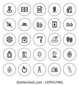 Harvest icon set. collection of 25 outline harvest icons with apricot, artichoke, berry, cherry, carrot, corn, crop, field, flour, fragance, farmer icons. editable icons.