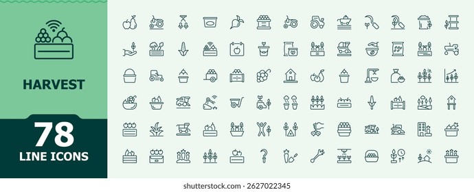 Harvest icon set. Contain linear symbols land, plant, garden, gardening and more. Agriculture icon set. Minimal thin line web icons set. Editable vector. Pixel perfect.