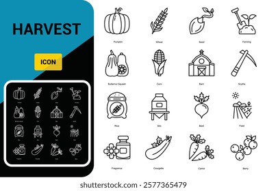 harvest icon set. harvest icons. Collection Of - Pumpkin, Seed, Farming, Butternut Squash, Berry, Fragance, Field, Courgette, Carrot, Fruit bowl, Corn, Beet, Silo, Rice, Wheat, Scythe, Barn