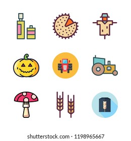 harvest icon set. vector set about tractor, scarecrow, pumpkin and wheat icons set.