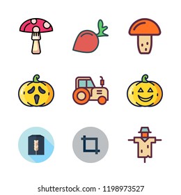 harvest icon set. vector set about radish, wheat flour, crop and mushroom icons set.