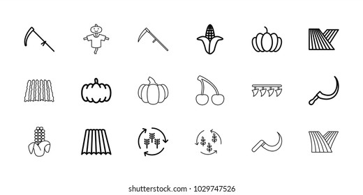 Harvest icons. set of 18 editable outline harvest icons: field, harvest, pumpkin, corn, scythe, scarecrow, cherry