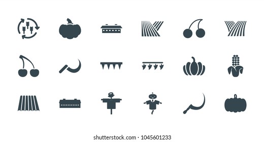 Harvest icons. set of 18 editable filled harvest icons: field, harvest, barn, pumpkin, scarecrow, cherry, plowing tool, scythe