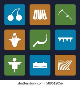 harvest icons set. Set of 9 harvest filled icons such as field, barn, corn, scarecrow, Cherry, plowing tool