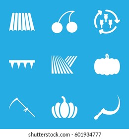 harvest icons set. Set of 9 harvest filled icons such as field, harvest, pumpkin, Cherry, plowing tool