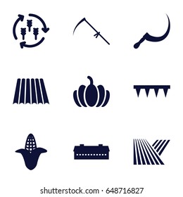 Harvest icons set. set of 9 harvest filled icons such as field, harvest, barn, corn, plowing tool, scythe