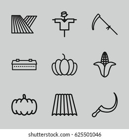 Harvest icons set. set of 9 harvest outline icons such as field, barn, pumpkin, corn, scarecrow