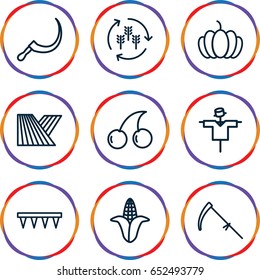 Harvest icons set. set of 9 harvest outline icons such as field, harvest, corn, scarecrow, cherry, plowing tool, scythe