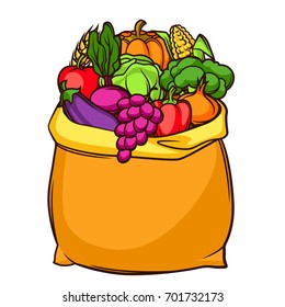 Harvest illustration of bag with seasonal fruits and vegetables.