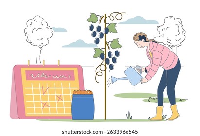 Harvest irrigation concept. Woman with watering can near sprout. Farming and agriculture, horticulture. Young girl on farm or in garden. Linear vector illustration