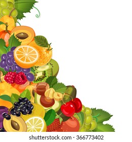 Harvest juicy fruit and berries, vector illustration. Green grocery background for banners, cards, billboards, posters.
