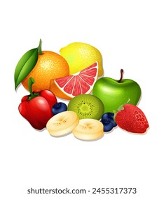 Harvest of juicy fruits and berries, vector illustration isolated on white