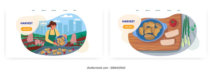 Harvest landing page design, website banner vector template set. Farmer harvesting potato. Agriculture, farming.
