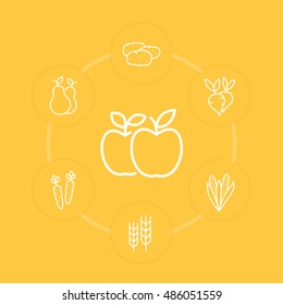 Harvest line icons on yellow, apples, carrot, potato, pear, corn, vector illustration
