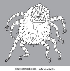 Harvest mite. Vector illustration of cartoon arachnid insect. Caricature outline drawing isolated on a grey background