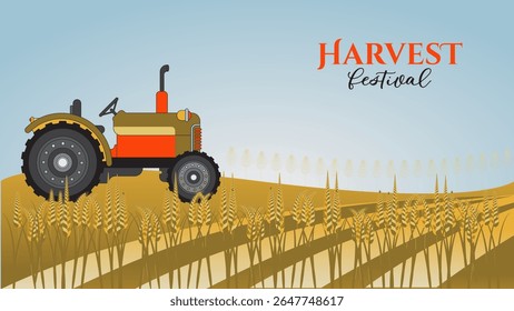 Harvest moon Festival background, Colorful wheat field with a vintage tractor under a clear sky Ideal for promoting a Harvest Festival event or flyer.