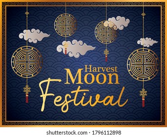 harvest moon festival with gold fortune hangers clouds and frame design, Oriental chinese and celebration theme Vector illustration