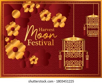 harvest moon festival with gold lanterns flowers and frame design, Oriental chinese and celebration theme Vector illustration