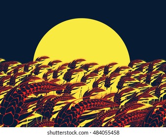 harvest moon poster with wheat field in dark blue and yellow