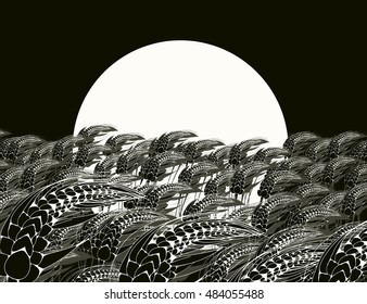 harvest moon poster with wheat field in black and white