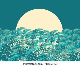 harvest moon poster with wheat field in blue shades