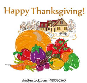 harvest on the background of the autumn landscape. Caption: Happy Thanksgiving. vector illustration.