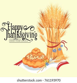 Harvest organic foods like fruit and vegetables, happy thanksgiving dinner background, vector illustration harvesting with stack of wheat ears