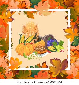 Harvest organic foods like fruit and vegetables, happy thanksgiving dinner card or banner background, harvesting vector illustration, pumpkin and stack wheat ears, cranberry berries, bunches of grapes