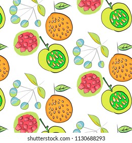 Harvest Pattern with autumn leaves pumpkin, berries, apples, pear