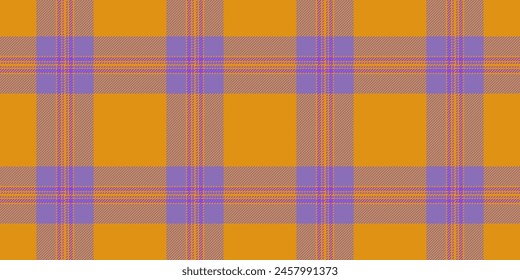 Harvest pattern fabric seamless, panel check plaid texture. Latin tartan background vector textile in violet and amber color.