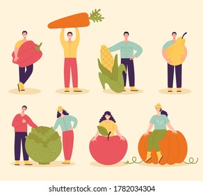 Harvest people festival.set of people with large vegetables and fruits.Harvesting concept,vegetarianism,healthy food,farm products,vitamins.Flat cartoon illustration isolated on light background