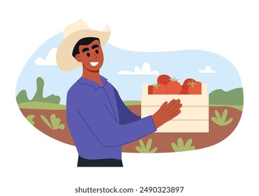 Harvest People. Happy Farmer Holding a Wood Box Containing with Fresh Tomatoes. Harvest Festival Poster. Flat Cartoon Vector Illustration.