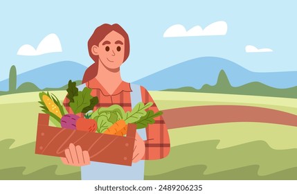 Harvest People. Happy Female Farmer Holding a Wood Box Containing with Fresh Vegetables. Harvest Festival Poster. Flat Cartoon Vector Illustration.