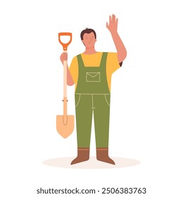 harvest people. Man in work clothes stands with a shovel. Vector illustration