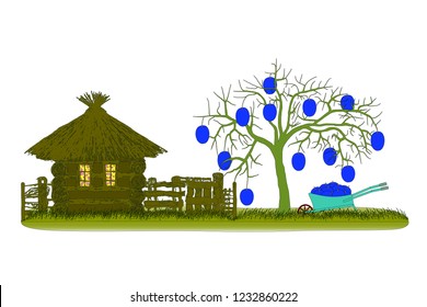 Harvest plums. Plums with wheelbarrow and plums. Vector illustration. Eps10